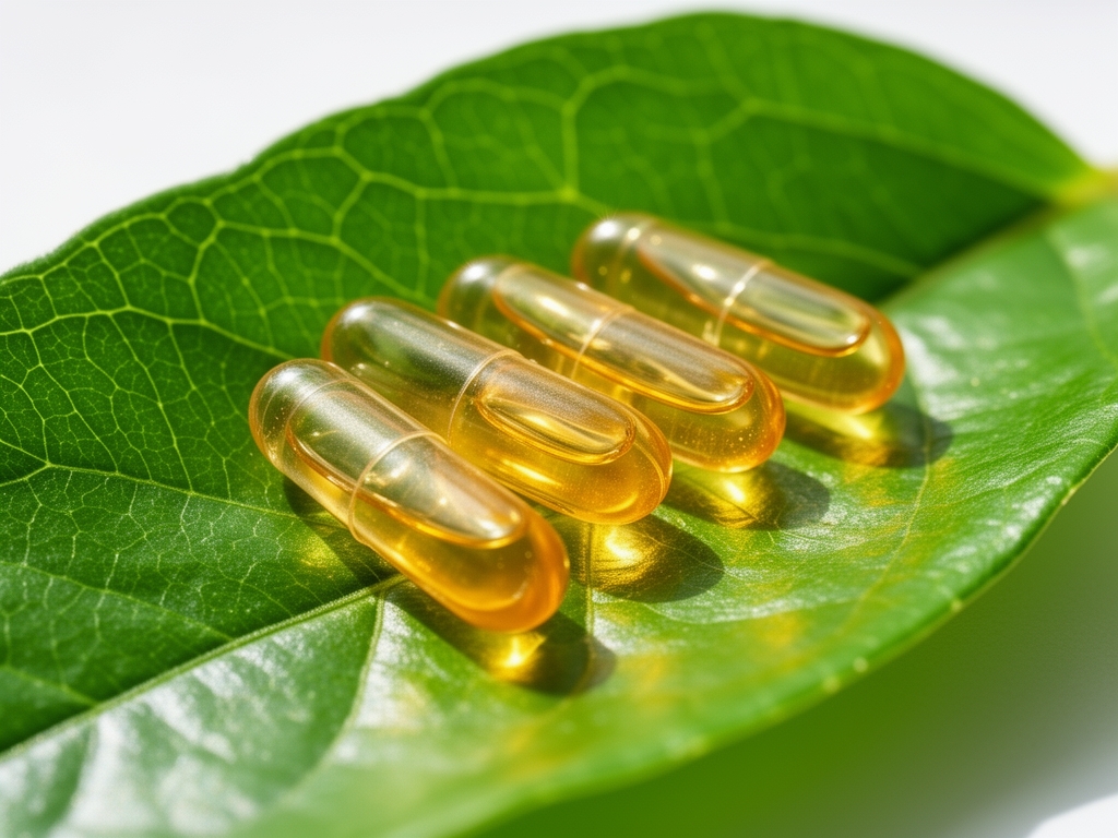 Gros plan de capsules translucides contenant un liquide doré, posées sur une feuille verte fraîche, lumière naturelle diffuse et douce