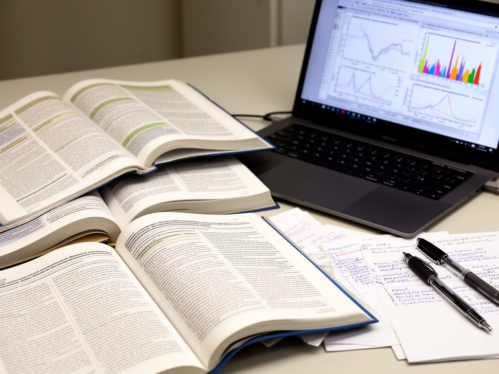 Bureau de chercheur avec des revues scientifiques ouvertes, un ordinateur portable affichant des graphiques de données, des stylos et des notes de recherche organisées