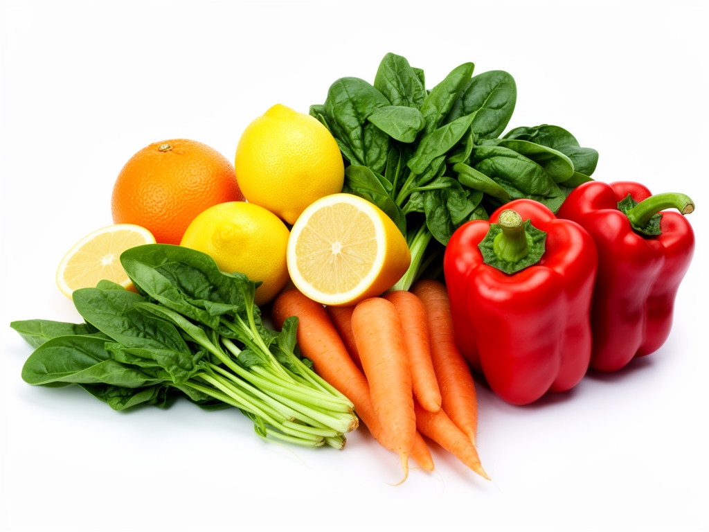 Assortiment coloré de fruits et légumes frais riches en vitamines disposés sur fond blanc : oranges, citrons, épinards, carottes, poivrons rouges